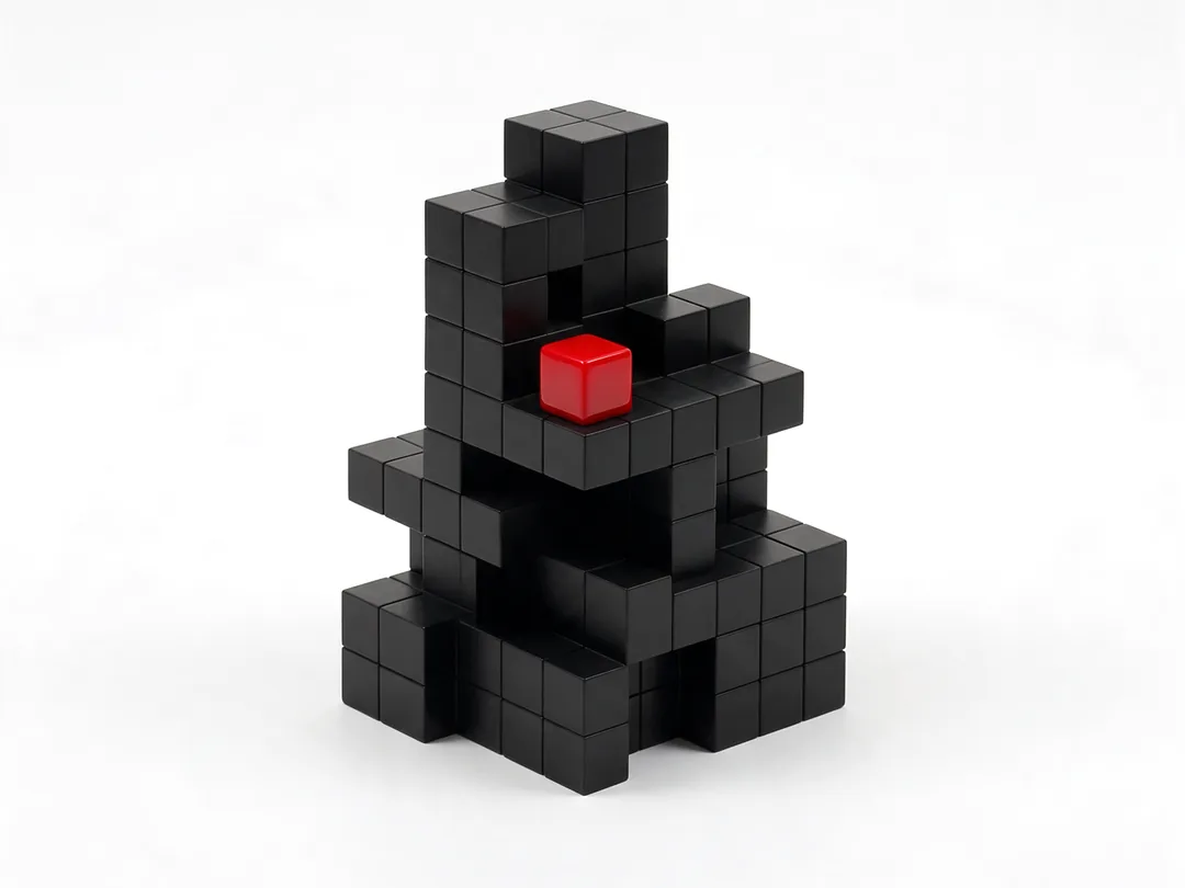 Estructura de cubos negros con un cubo rojo