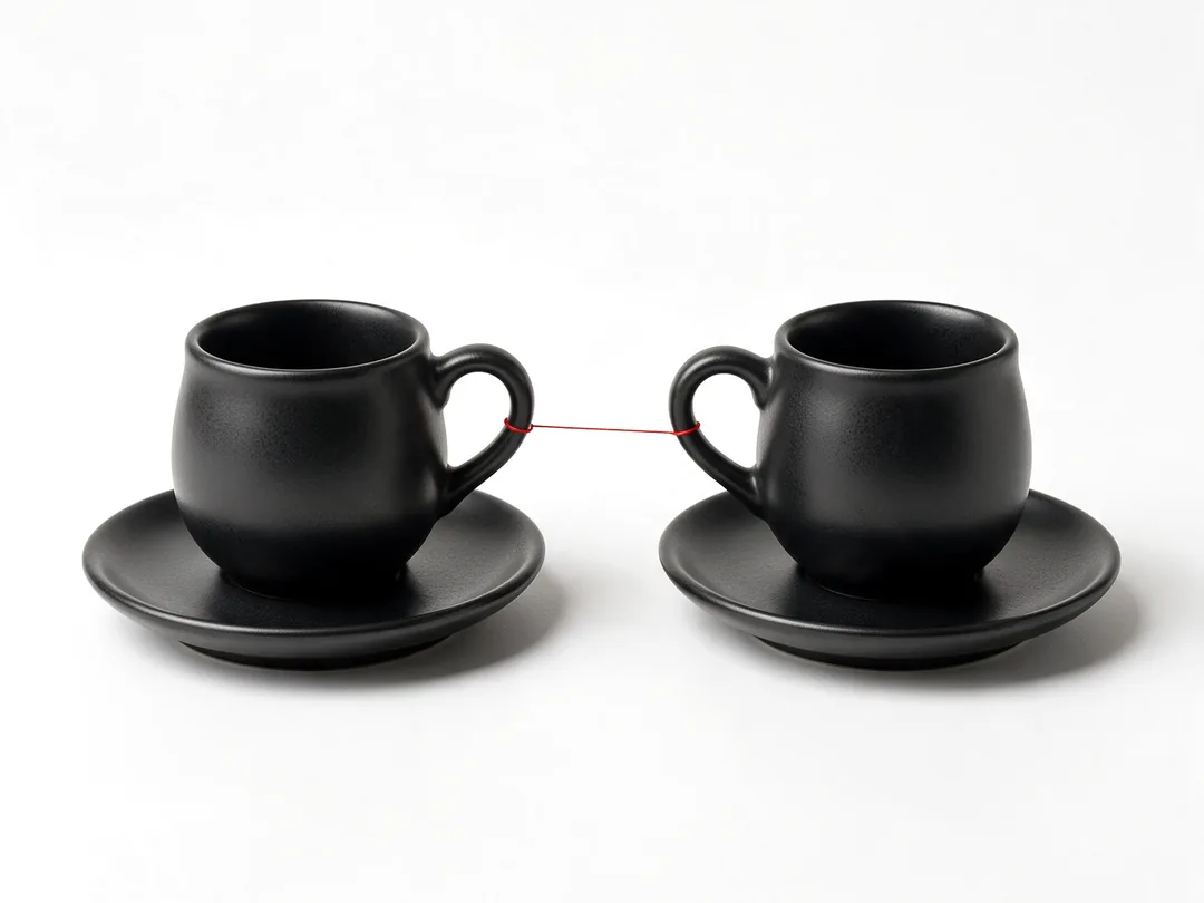 Dos tazas de café negras unidas por un hilo rojo