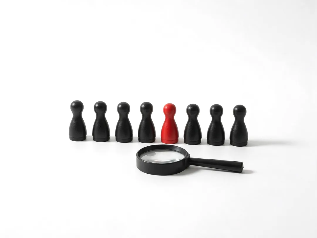 Fila de figuras negras con una roja y una lupa